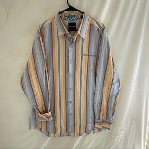 Tommy Bahama Mens XXL Cotton Silk Striped Button Down Shirt Blue Orange